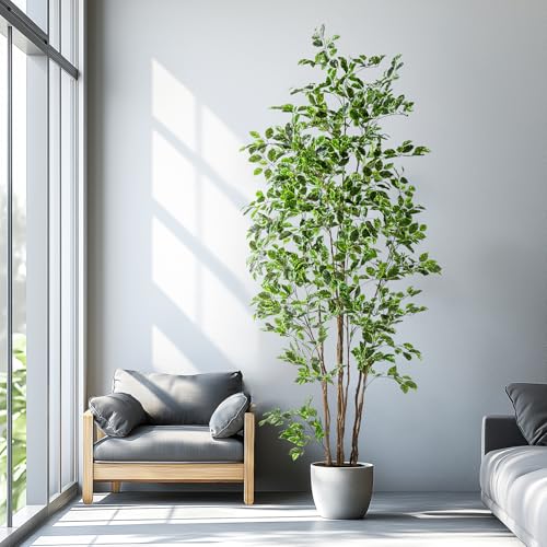 Bailikang Artificial Ficus Tree Indoor 8ft, Large Potted Faux Tree with Realistic Silk Leaves & Trunk for Home Office, Living Room Corner Decor - color: White Green, size: 8ft
