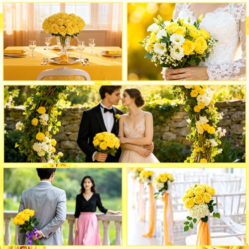 32 Pcs Yellow Artificial Flowers Roses Fake, Silk Flowers with Stems for DIY Wedding Gothic Bridal Shower Centerpieces Arrangements Tables Decorations - color: Yellow
