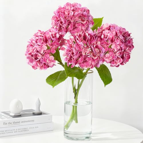 20" 4Pcs Faux Hydrangea Flowers Real Touch Fake Hydrangeas Bouquet Hydrangea Artificial Flowers with Leaves Stems for Centerpiece Arrangements Wedding Party Home Décor (Rose Red) - color: Rose Red
