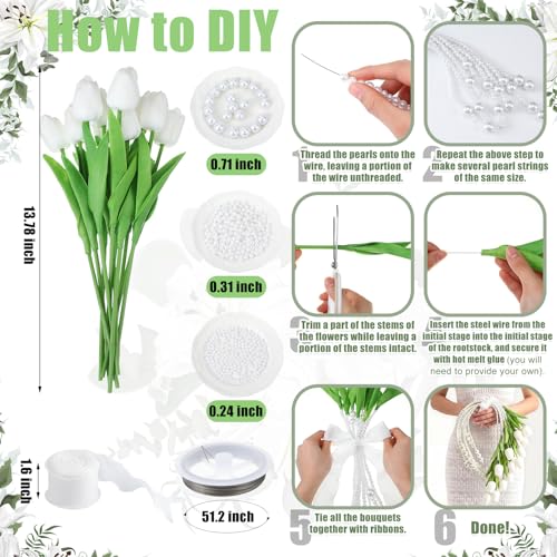 Suncalla 20 Pcs White Tulip Artificial Flowers DIY Wedding Bouquet for Bride Wedding Table Centerpieces Decorations Graduation Flower with Ribbon and Pearl for Floral Arrangement DIY Craft Bridal - color: White, style: Tulip