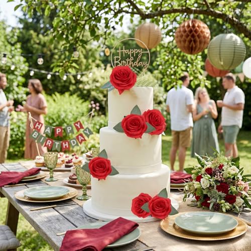 25pcs Red Roses Artificial Flowers 3.94" Large Silk Roses with Stems Real Look Faux Roses for Wedding Table Centerpieces Arrangement Home Decor(Red) - color: Red