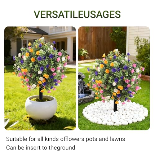 Artificial Topiary Bushes with Ground Spike Set of 2, Faux Boxwood Ball Trees for Outdoor, Fake Shrubs Bushes Decorations for Indoor Front Porch Garden - UV Resistant Faux Plants - Multicolor Flowers - color: Multicolor