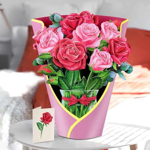 Airpark Pop Up Flower Bouquet Card for Women, 3D Floral Greeting Card with Envelope and Note, Birthday Thank You Thinking of You Get Well Gift for Mom Friend Wife Teacher, Rose - style: Red and Pink Roses