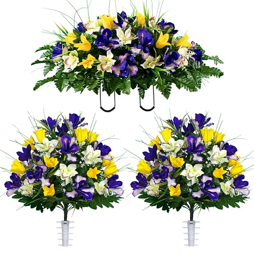 Sympathy Silks Artificial Cemetery Flowers - Grave Decoration - Yellow Tulips and Purple Iris (1) Headstone Saddle (2) Bouquets - color: Yellow/Purple, size: (1) Saddle (2) Bouquets
