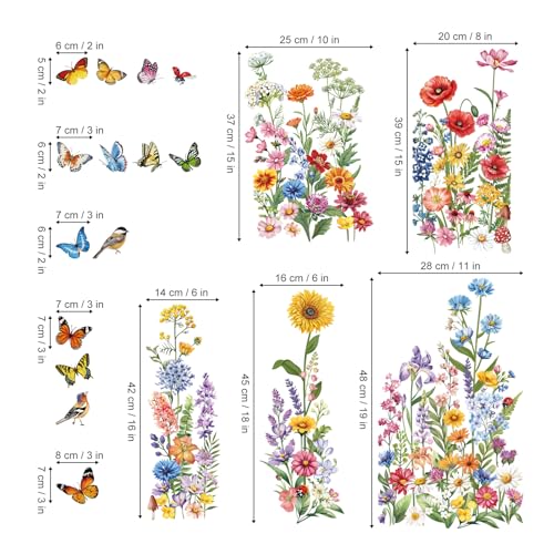 decalmile Spring Summer Garden Flower Double Sided Window Clings Wildflower Butterfly Plants Anti-Collision Glass Doors Window Stickers Decals - color: Garden Flower