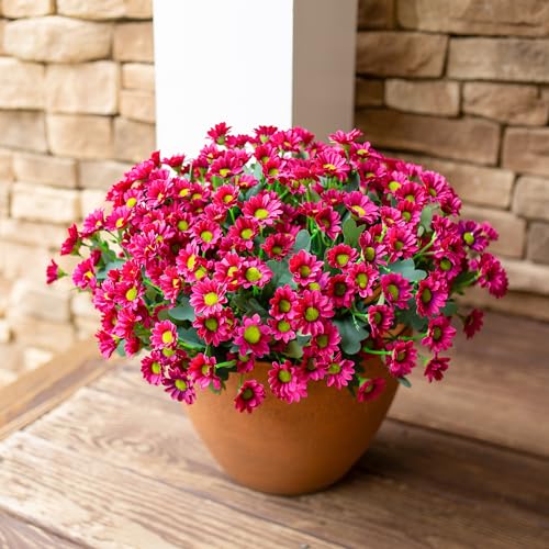 Daisy Artificial Flowers for Outdoors Decoration, 6 Bundles Fake Plants Flowers Bouquet Faux Flowers for Outdoor Planter Look Real UV Resistant Silk Flowers for Outside Garden Porch Patio, Dark Red - color: Dark Red