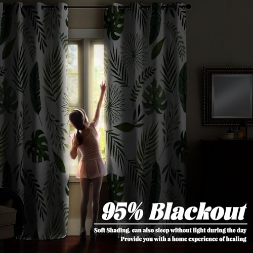 Renaiss Green Leaf Blackout Curtains, Tropical Safari Plants Patterned Thermal Insulated Bedroom Window Curtains, Eucalyptus Botanical Window Curtains for Kitchen, 45" L x 29" W 2 Panel Set - color: Green & White, size: 29"W x 45"L (Pack of 2)