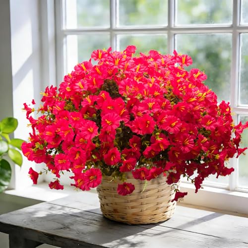 Grunyia Artificial Morning Glory Flowers with Eucalyptus - 16 Bundles UV Resistant Rose Red Faux Silk Plastic Fake Plants for Outdoor Indoor Garden Porch Front Door Home Decor - color: Rose Red