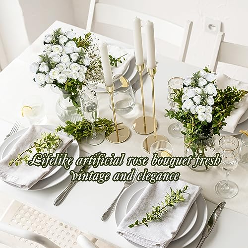 Zeyune 16 Bunches 12 Inch White Artificial Mini Rose Bouquet, Total 160 Heads Fake Silk Rose Flowers Bulk, Bridal Bouquet for Wedding, Bridal Shower, Home & Office Table Decor - color: White