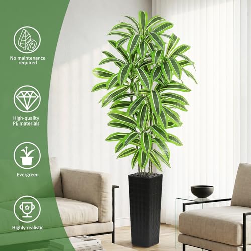 Artificial Yellow Dracaena Tree - 7FT Tall Fake Plants with Black Planter - Artificial Plants Indoor Floor Plant in Pot - Large Tropical Fake Yucca Potted Tree for Home Office Living Room Decor - color: Black-yellow Leaf, size: 7 FT