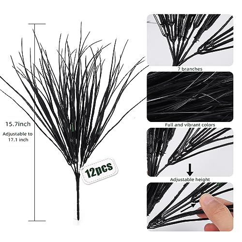 RECUTMS Fake Black Plants,Artificial Grass Fake Plants Outdoor Plants UV Resistant Greenery Stems Fake Grass Halloween Plants for Window Garden Patio Pathway Front Porch Halloween Décor 12Pcs(Black) - color: Black Grass