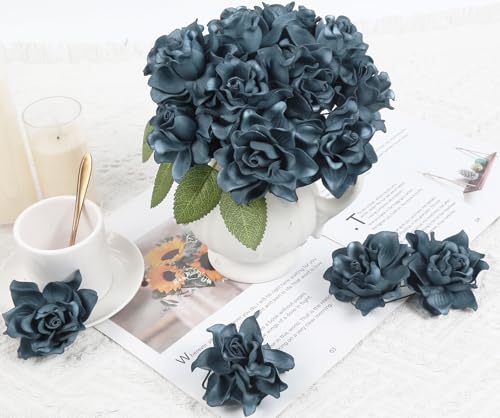 IPOPU 25PCS Artificial Gardenia Flowers 3.15’’ Deep Blue Fake Flower Heads Foam Roses with Stems for DIY Wedding Bouquets Party Home Centerpieces Decor(Deep Blue) - color: Deep Blue