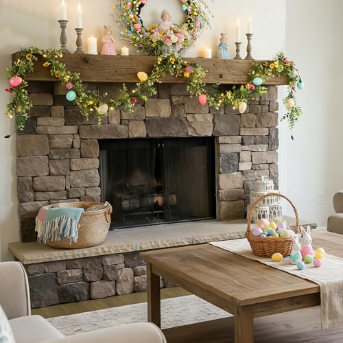 6ft Prelit Easter Garland with Easter Eggs and Flowers, Artificial Spring Greenery Floral Vine for Mantle, Table and Home Decor