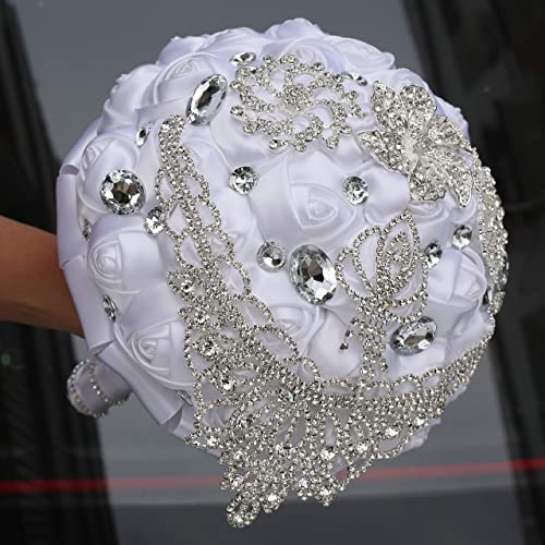 Big Size (8.26") Handmade Rhinestones White Bridal Wedding Bouquet Diamond Bridesmaids Satin Rose Flower with Ribbon for Wedding Time of Marriage (White) - color: White
