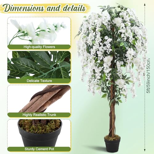Thiccywoov 1 Pack 5ft Artificial Wisteria Tree Tall Fake Tree with Cement Base Pot Faux Floor Plant Decoration for Indoor Outdoor Home Office Housewarming Gift(White) - color: White