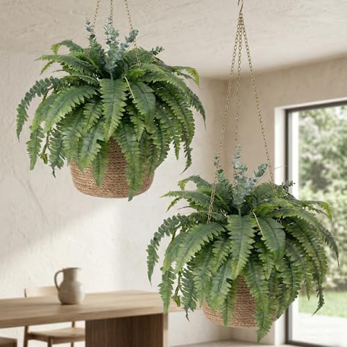 Artificial Ferns for Outdoors, 2 Pack 38IN Fake Ferns for Artificial Plants Large with 55 Fronds and 5 Long Eucalyptus Stems, Faux Ferns for Hanging Basket Porch Garden Home Decor