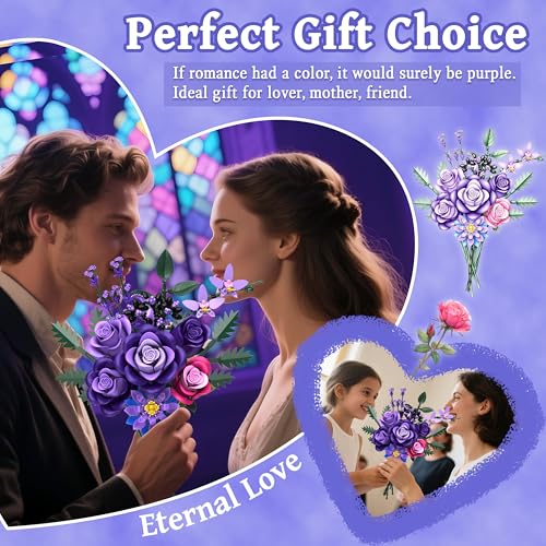 Purple Roses Flower Bouquet Building Sets, 834PCS Artificial Flowers Botanical Collection Compatible with Lego Flowers for Adults Gothic Decor, Valentines Day Gifts for Women Her Wife Girlfriend Mom