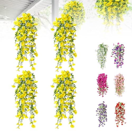 Artificial Flowers for Outdoors Fake Morning Glory Hanging Flower Decoration, 4 Pcs Realistic Faux Plants Petunias Trailing Vines, Spring Summer Decor for Porch Patio Balcony Planter Yard(Yellow) - color: Yellow, size: 4 Pcs