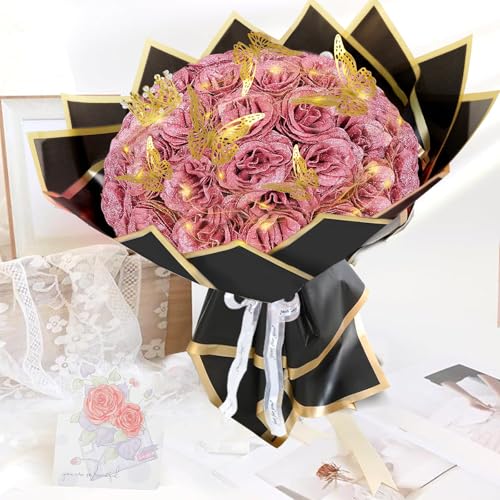 Gold Rose Glitter Roses Bouquet, 24 Pcs Shiny Glitter Flowers Bouquet, Everlasting DIY Artificial Roses Bouquet for Christmas, Birthday, Anniversary, Wedding, Engagement - color: Gold Rose-a, size: 24 PCS