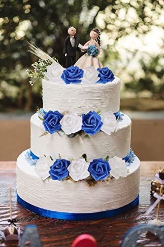 100pcs Royal Blue Artificial Rose Flower Heads, 3inch White Foam Roses Bulk Stemless Fake Flower Heads for DIY Crafts,Cake Decoration Wedding,Baby Shower Flower Centerpieces(Blue White) - color: Shades of Blue White