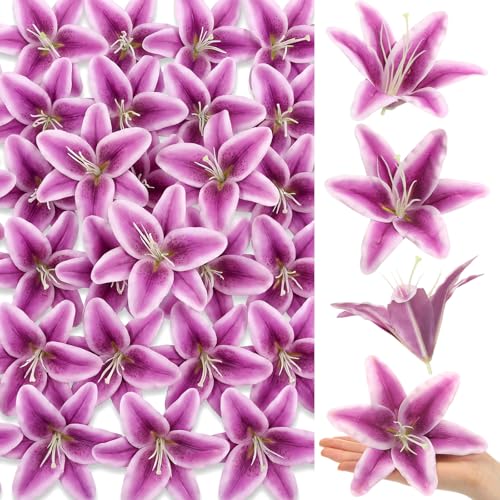 Suncalla 30 Pack Large Artificial Lilies Flower Heads with Realistic Stamens 5.9" Faux Fake Lily Flower Heads Bulk for DIY Crafts Cake Wedding Bridal Wreaths Table Home Party Decor(Purple) - color: Purple