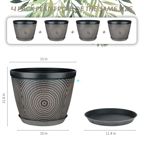 Quarut 15 Inch 4 Pack Large Plant Pots, Plastic Flower Pot for Indoor & Outdoor with Drainage Holes & Saucer, Circle Pattern Planters Garden Pots for Herbs - color: Circular Pattern-brown, size: 15 inch-4 Pack