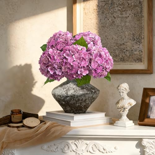 Pink Rose Red Hydrangea Artificial Flowers, Faux Hydrangea Flowers Outdoors, 21in Real Touch Latex Faux Hydrangea, Large Flower Head Fake Flowers for Outside Planters Front Porch Wedding Home Decor - color: Rose Red, size: 3pcs