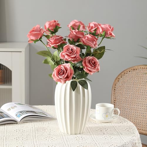 Tifuly Dusty Pink Roses Artificial Flowers -12 Pcs Long Stem Silk Roses, Realistic Fake Roses with Stems for Bridal Bouquets, Home and Office DIY Decor - color: Dusty Pink