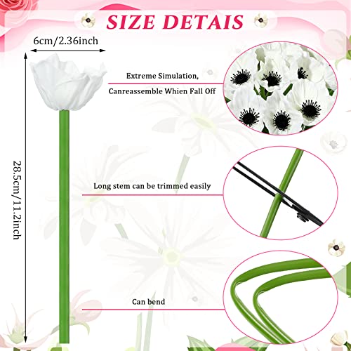 Censen 42 Pcs Artificial White Poppy Flowers 11 Inch PU Silk Poppy Anemone Stems Bulk Artificial Floral Table Centerpiece Decor for Vase Wedding Bouquets Bridal Holding Home Party - color: White