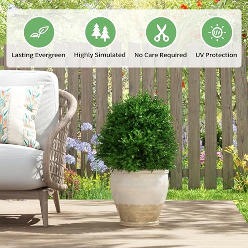 Artificial Cedar Topiary Ball Trees – Ground Spike – 16.5" – UV Resistant Faux Shrubs for Outdoor Decor, Front Porch & Garden – Evergreen Bushes for Yard, Patio, Landscaping (1)