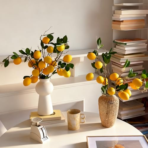 2 Bunches Artificial Lemon Stems, 12 Pcs Faux Lemon Fruit with Green Leaves, Fake Lemons Decor for Vase Filler, Kitchen Table Farmhouse Centerpiece Decor(LB-01)