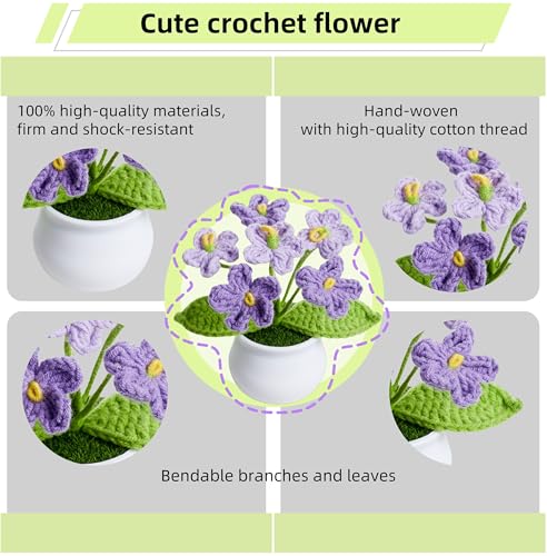Gradient Purple Crochet Flowers Cute Handmade Knitted Potted Flower Plants Gifts for Mom Grandma Teacher Thank You Appreciation Crochet Gift Cute Decor for Home Room Office Desk Accessories - color: Gradient Purple