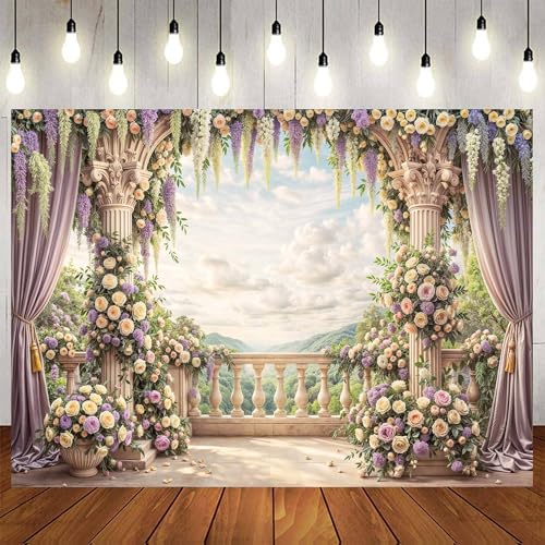 6 x 4 ft Purple Floral Backdrop Rome Garden Balcony Arch Retro Flowers Photography Backdrops Wedding Birthday Party Decorations Baby Bridal Shower Portrait Photo Background Studio Props Wall Decor - color: Multi01, size: 6X4FT