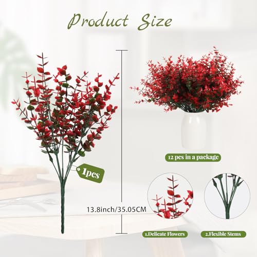 RECUTMS Fake Outdoor Flowers Artificial Spring Plants No Fade Faux Plants Plastic Greenery Fake Eucalyptus Faux boxwoods for Outdoor Planters Kitchen Office Wedding Home Garden Decoration(Red) - color: Red Eucalyptus, size: 12 Pcs