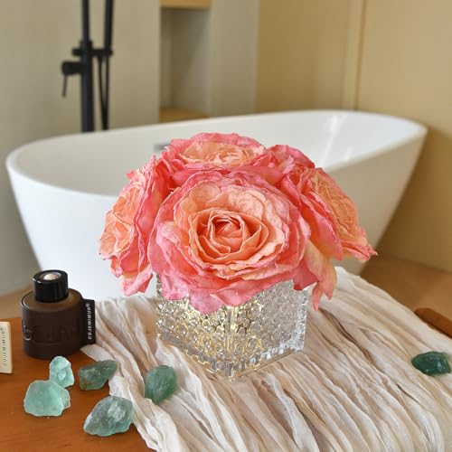 Artificial Rose in Glass Vase Vintage Silk Flower Arrangement with LED Light for Table Centerpiece Home Wedding Decoration (Coral Pink) - color: Coral Pink