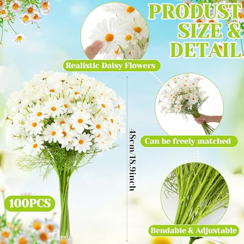 Giegxin 100 Pcs Artificial Daisy Flowers Bulk Realistic Fake Daisies Faux Wildflower Daisy UV Resistant Silk Fake Flowers Plants for Outside Wedding Garden Home Table Decor (White) - color: White