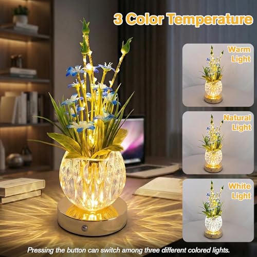 Flower Table Lamp, Mini Lily Table Decor with 3 Colors Dimmable, Artificial Flowers Night Light, Rechargeable Glass Lamp Small Desk Lamp for Party Holiday Home Decoration (Blue - Lily) - color: Blue - Lily