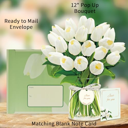 Airpark Pop Up Flower Bouquet Card for Women, 3D Floral Greeting Card with Envelope and Note, Birthday Thank You Thinking of You Get Well Gift for Mom Friend Wife Teacher, White Tulip - style: White Tulips