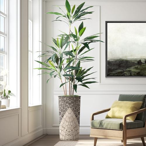 SIGNWIN Artificial Tree in Geometric Pattern Planter, Fake Dracaena Tree Silk Tree for Indoor and Outdoor Home Decoration - 66" Overall Tall (Plant Pot Plus Tree) - style: Dracaena Tree