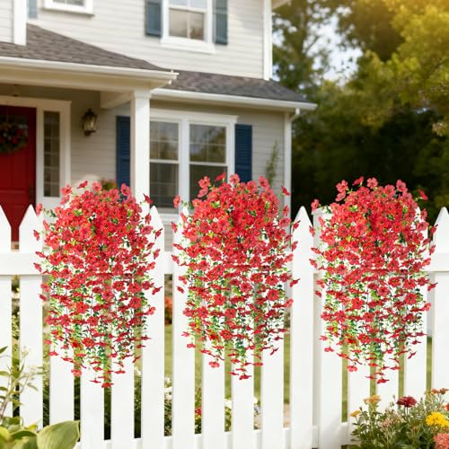 Hrobek 4 PCS Artificial Hanging Plants Flowers for Outdoor Srpring Summer Decoration, Fake Realistic Daisy Eucalyptus for Outdoors, Faux Plastic Greenery Long Vine Indoor Wall Patio Porch Decor - color: A-red