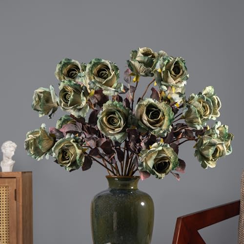 Artificial Flowers Artificial Roses Fake Roses 20PCS Long Stem Artificial Flowers for Tall Vase Silk Rose Suitable for Indoor Decor Wedding Party Decoration DIY Bouquet Autumn,(23.2In,Green) - color: Green