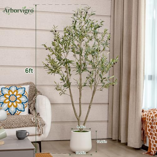 Artificial Olive Tree 6FT Tall Faux Olive Tree Artificial Indoor with Natural Wood Trunk and Lifelike Fruits Realistic White Planter Potted for Home Office Living Room Decor - size: 6ft