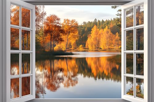 AMAZING WALL Autumn Lake Trees Peel and Stick Fake Window Stickers Perfect for Bedroom/Office/Kids' Room Wall Decor,Self-Adhesive Wall Decals,24x36in/2PCS - color: Autumn Lake, size: 24x36"/2pcs