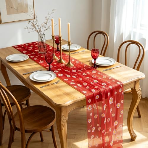Daisy Gauze Table Runner 120 Inch 10FT, Floral Flower Tulle Table Runner Seasonal Kitchen Dining Table Decorations for Party Wedding Christmas Holiday Birthday (Red) - color: Red