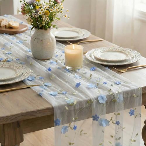 Artoid Mode Blue 3D Flower Gauze Embroidery Table Runner 120 Inch 10FT, Tulle Seasonal Spring Kitchen Dining Holiday Table Decor for Home Party - color: White-blue