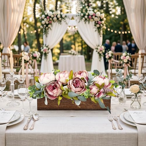 Pre-Made Flower Table Centerpieces for Dining Room Wedding Artificial Peony Table Decorations Wood Tray with Fake Flowers for Living Room Party Bar Kitchen Table(Vintage Pink) - color: Vintage Pink