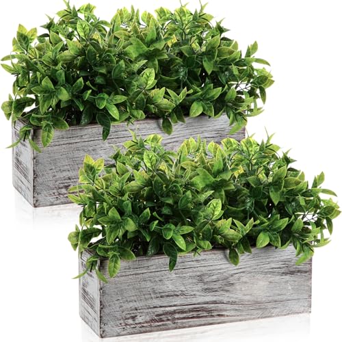 Lyrow 2 Pack 11.4 '' Artificial Eucalyptus Plants in Rectangular Rustic Wooden Planter Box Faux Potted Herb Plant Greenery Centerpiece for Cabinet Windowsill Table Shelf Wedding Decor (Whitewashed) - color: White, size: 11.4 ''
