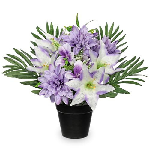 Hollyone Artificial Cemetery Flower for Graves, White Purple Faux Lily Dahlia Flowers in Pot Silk Cemetery Memorial Flowers for Outdoors Gravesites Headstones Home Decoration - color: Purple-dahlia Lily