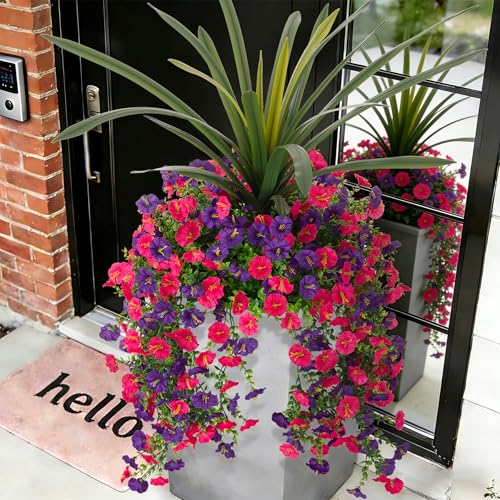 Fake Artificial Morning Glory Flowers for Outdoors+Faux Orchid Greenery Plants UV Resistant Weatherproof for Indoor Outdoor Garden Patio Window Box Home Decor - color: Dark Purple,rose Red