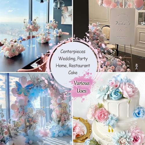 Artificial Flowers Combo Box Set Baby Blue Pink Silk Roses with Stems Crystal DIY Pastel Rainbow Bridal Wedding Bouquets Cake Fake Floral Arrangements Baby Shower Party Table Centerpieces Home Decor - color: Baby Blue, Pastel Pink